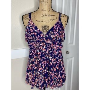 EXPRESS- Navy Blue Floral Baby Doll Tank Top Size Large